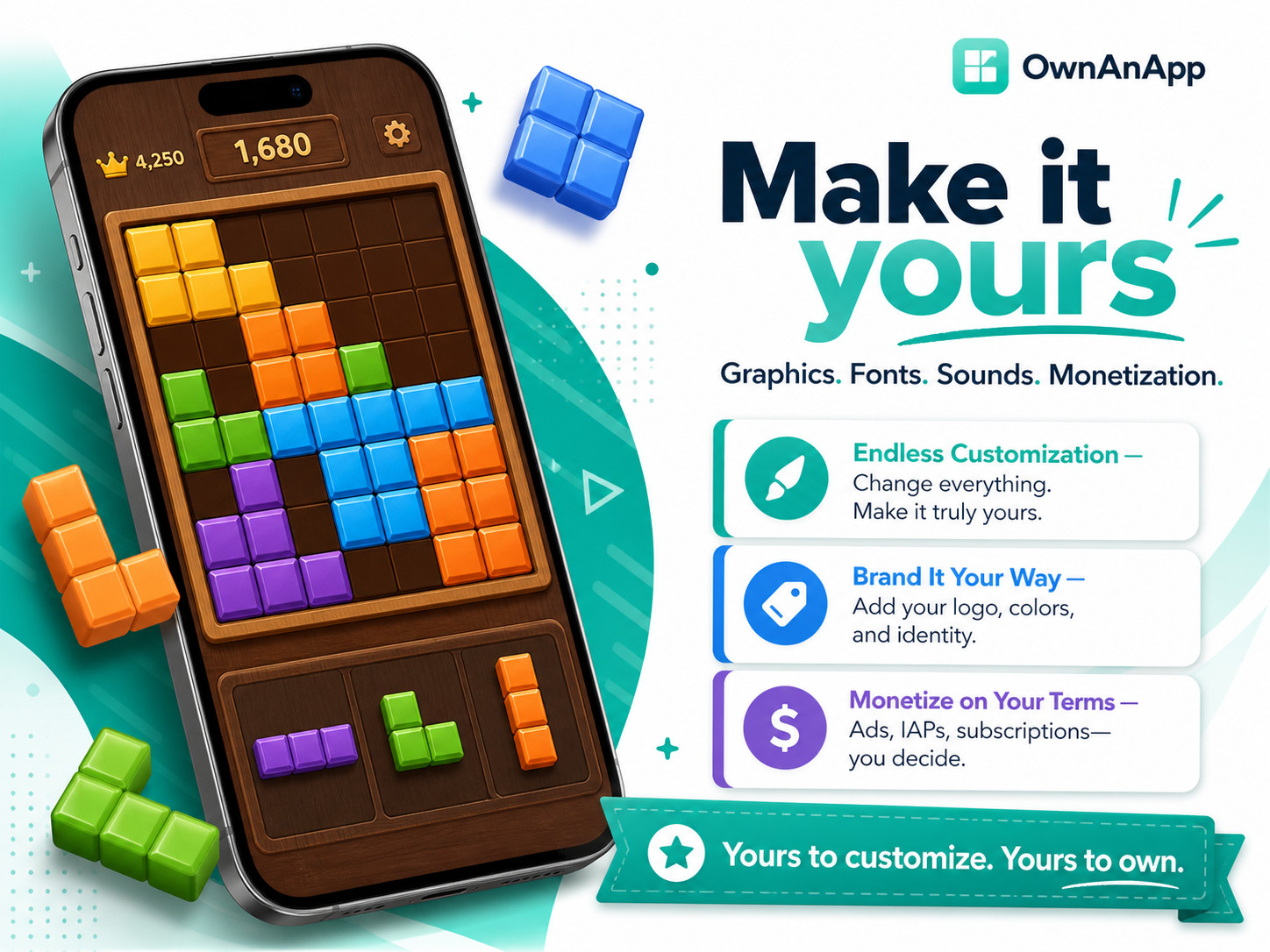 Make it yours block puzzle game image showing graphics, fonts, sounds, and monetization