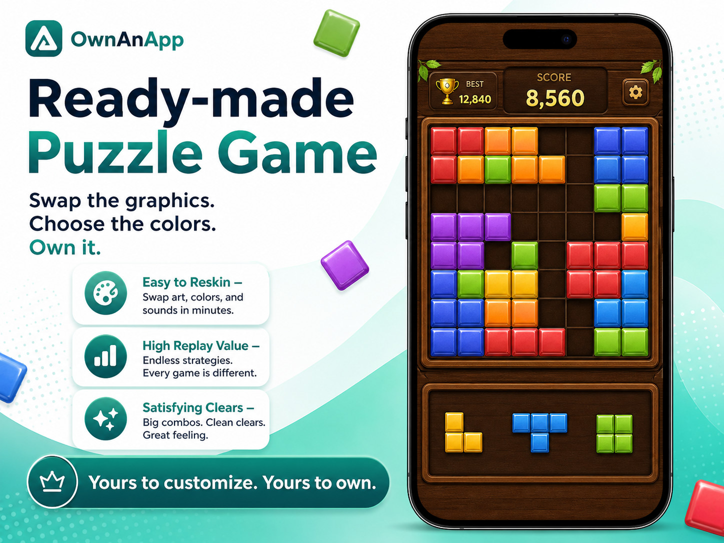 Ready-made block puzzle game mockup with manual placement board and draggable pieces
