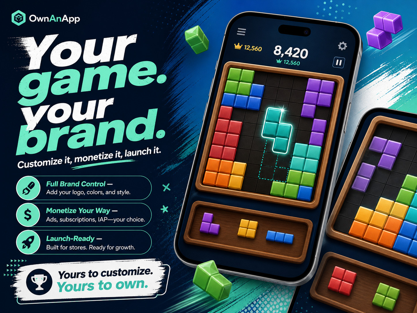 Your game your brand block puzzle game mockup with customization and monetization messaging