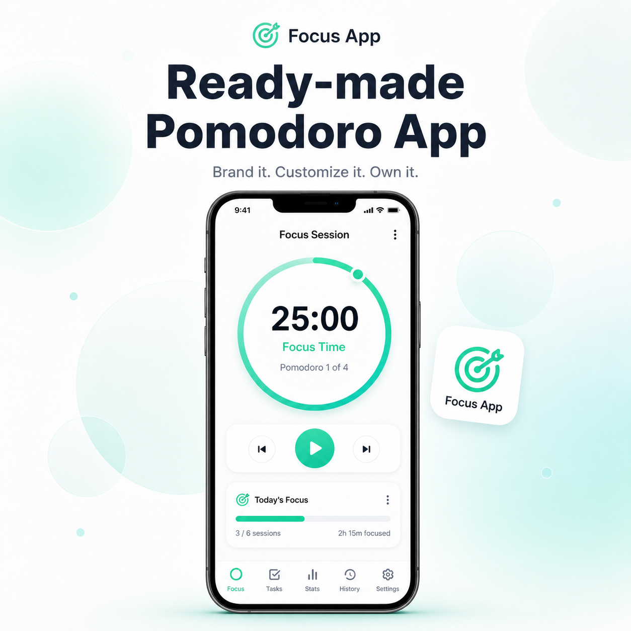 Ready-made Pomodoro app promotional mockup showing branding, customization, and ownership