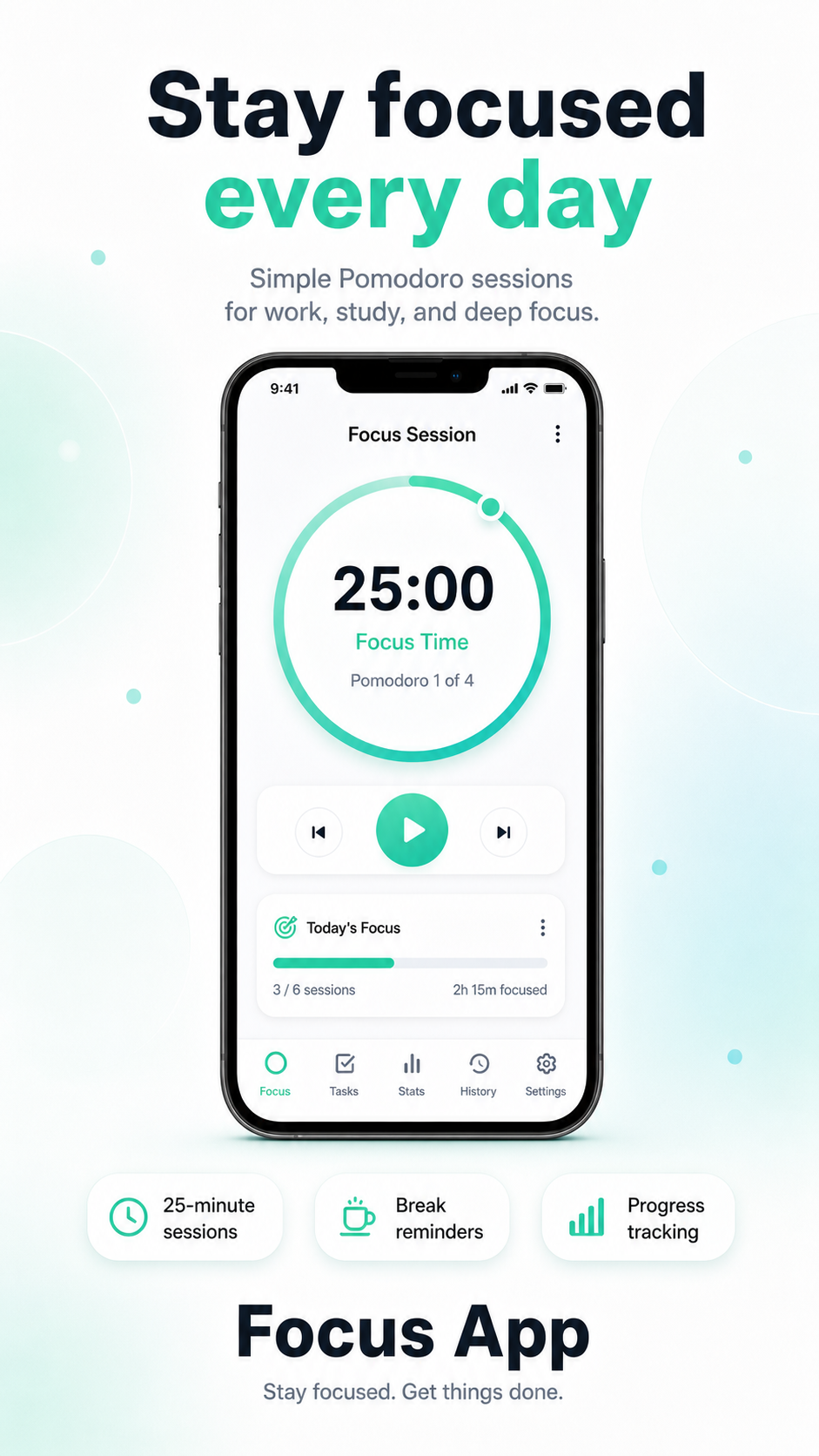 Focus App app store style screenshot with Pomodoro timer and focus benefits